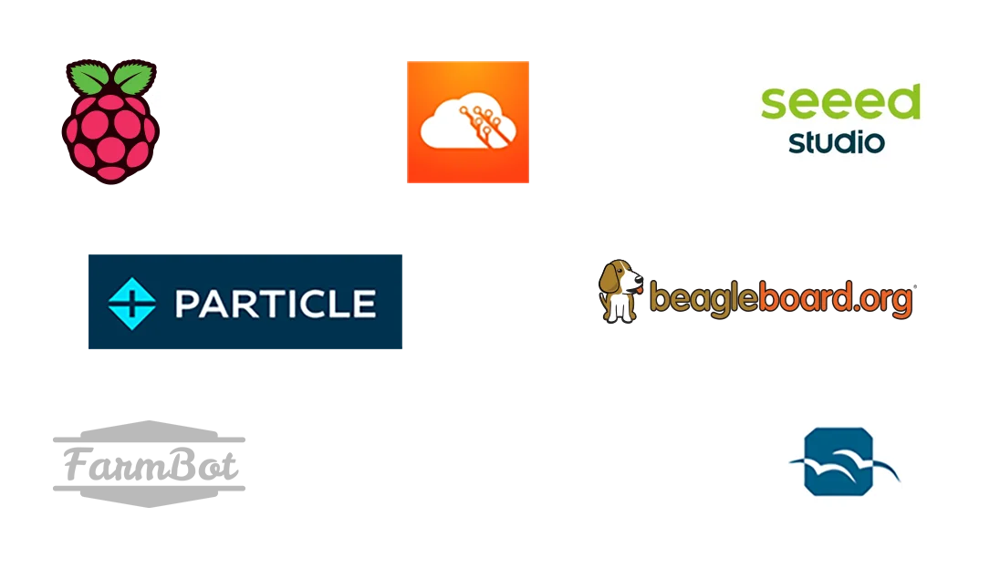 Raspberry pi logo, Aisler logo, Seeed Studio logo, Particle logo, beagleboard logo, farmbot logo, blues logo and libre solar logo.