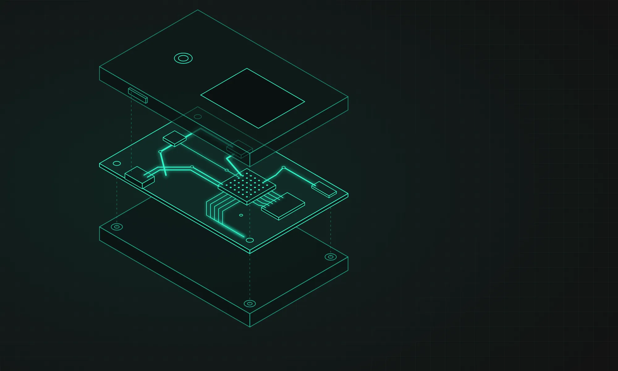 Illustration of a circuit board with glowing teal traces and a pair of parallel traces from a connector, with the enclosure parts of the device around the board