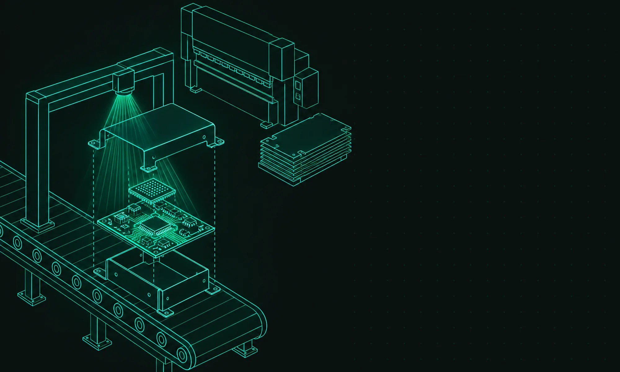 Illustration of a factory line in glowing teal line art: a circuit board between the two halves of a sheet-metal enclosure moves on a conveyor under an inspection scanner, with a press brake and sheet-metal blanks behind it