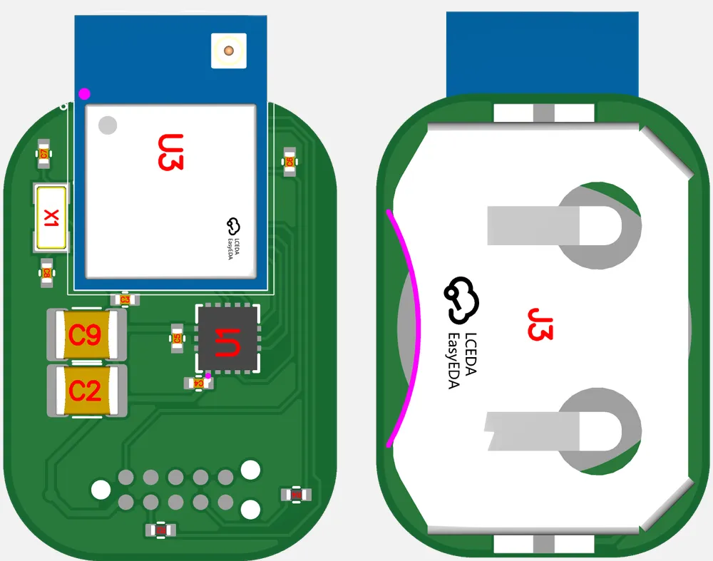 Top and bottom views of the Tilt Tracker board: the u-blox BLE module, crystal, and bulk capacitors on top, and the CR2032 coin cell holder on the bottom.