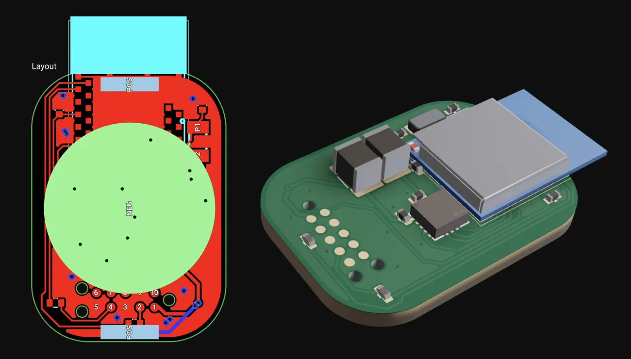 Tilt Tracker PCB in Flux: the 2D layout with a round CR2032 battery pad next to a 3D render of the board with the BLE module and bulk capacitors.