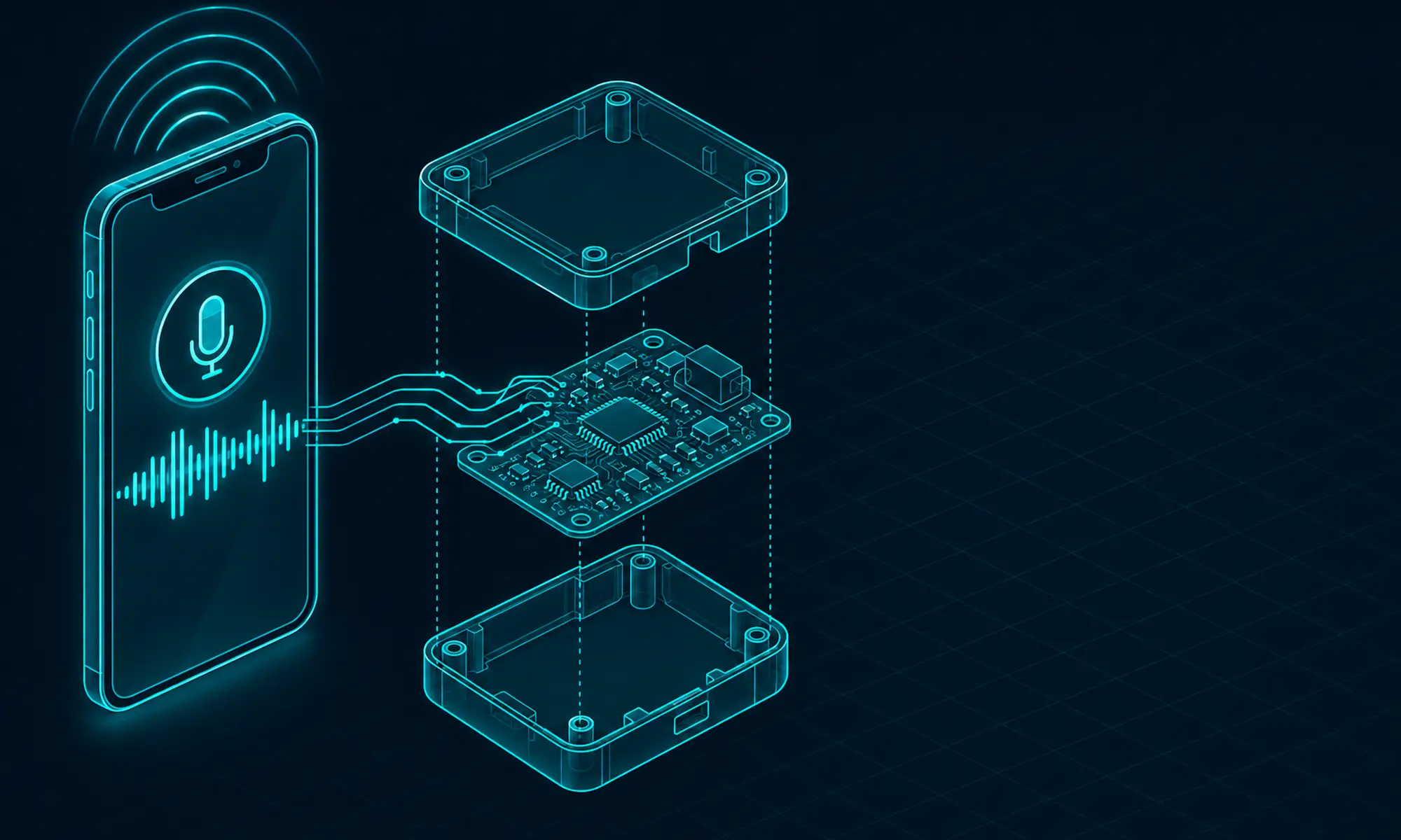 Illustration of a smartphone with a microphone button and a voice waveform whose lines run into an exploded view of a circuit board and its two-part enclosure, in glowing teal line art