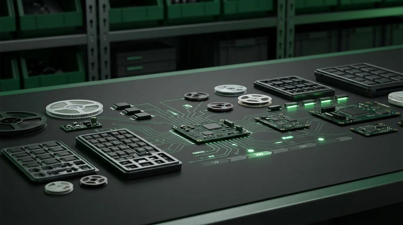 Electronic components on tape reels and trays staged around a PCB, representing component sourcing for production.
