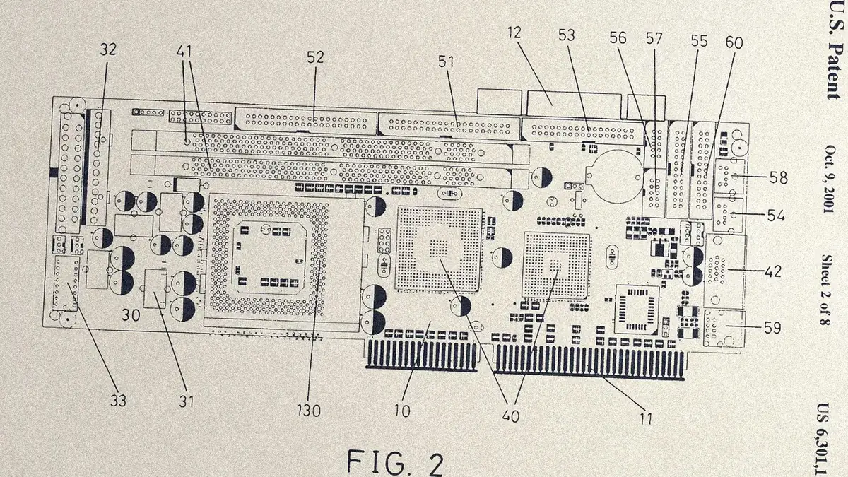 U.S. patent drawing of a printed circuit board with numbered reference components
