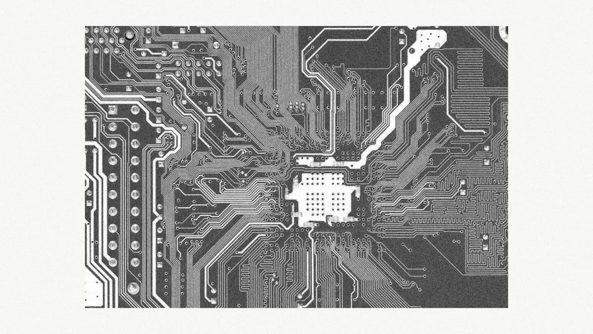 Black and white close-up of PCB copper traces and vias around a BGA footprint