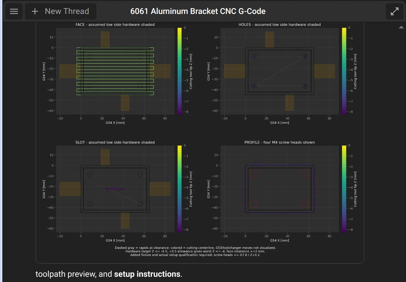 Flux chat with the toolpath preview of the facing, hole, slot, and profile operations for a 6061 aluminum bracket