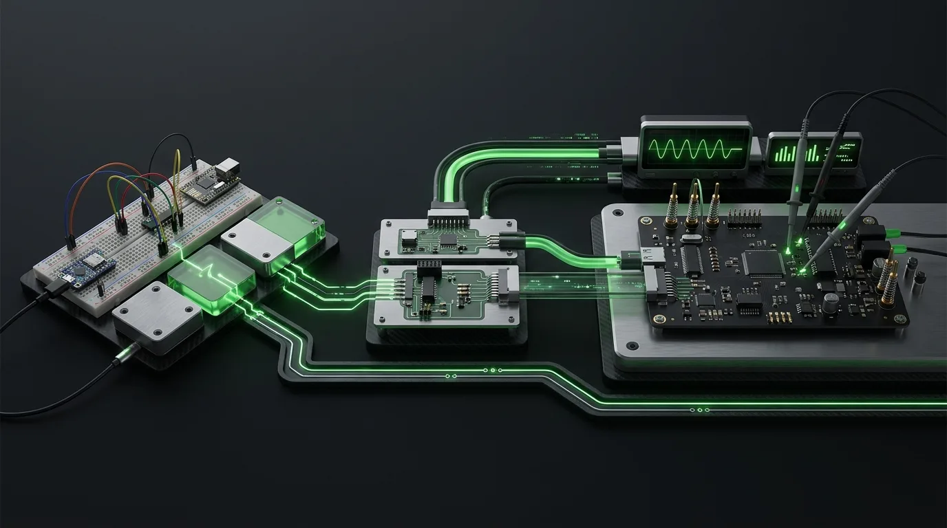 Hardware prototyping workflow moving from a breadboard concept to a tested custom PCB.