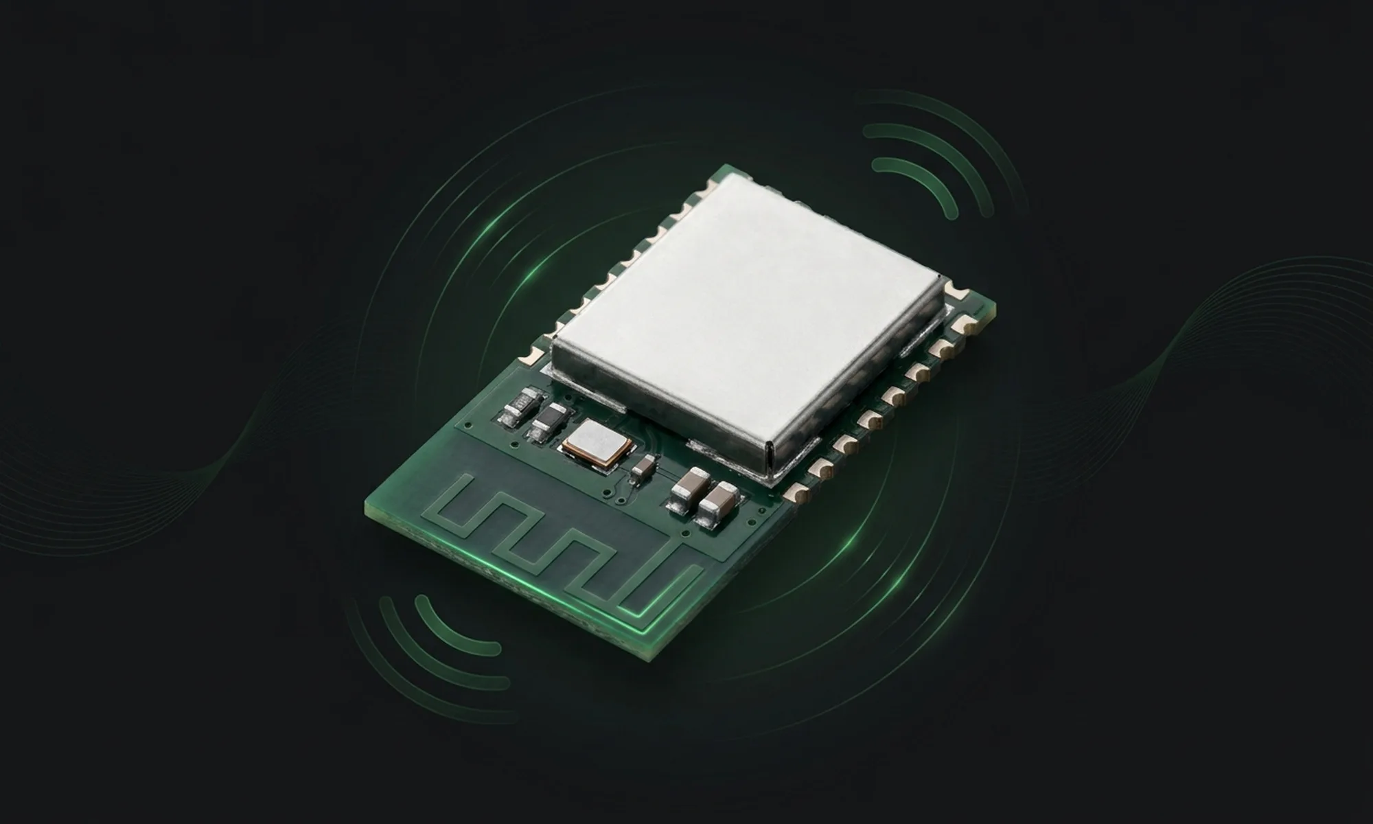 A Bluetooth module on a PCB, with the antenna placed at the board edge.