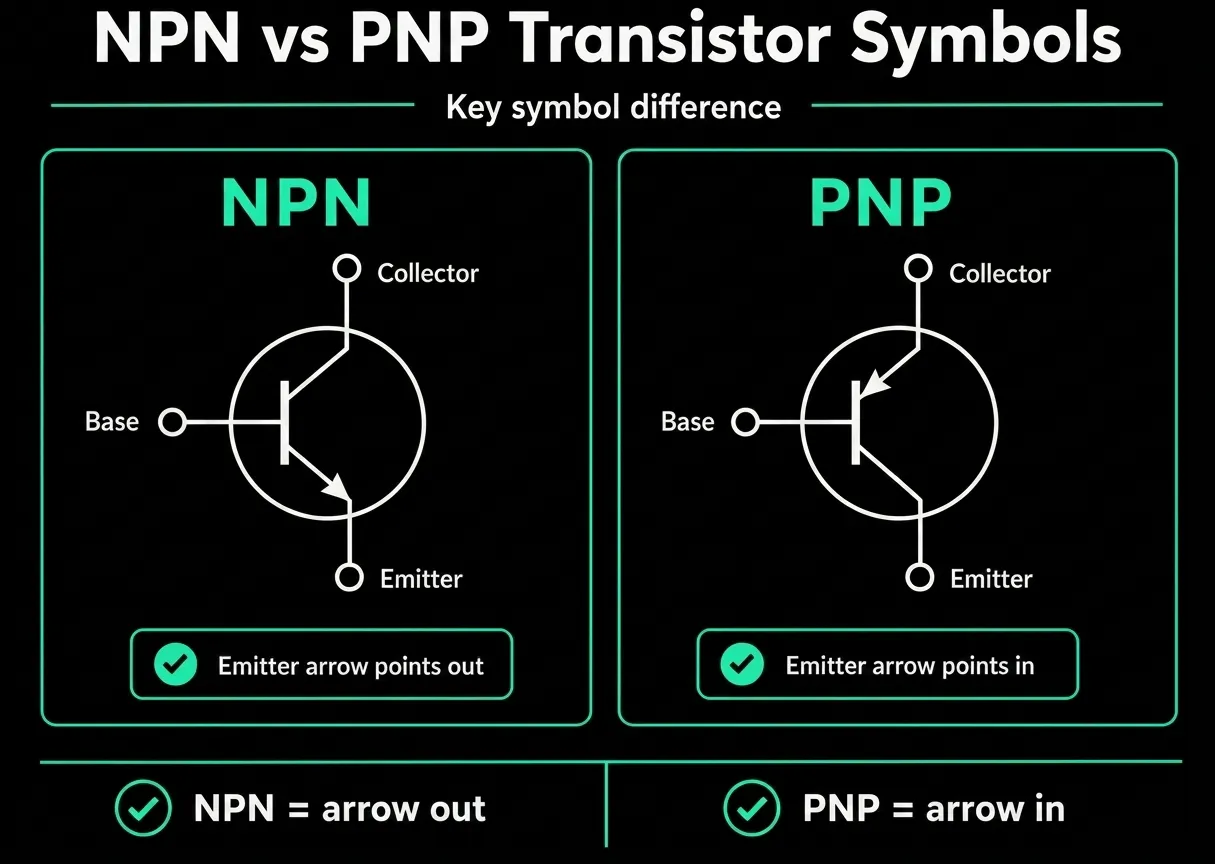 Annotated NPN and PNP transistor symbols shown side by side