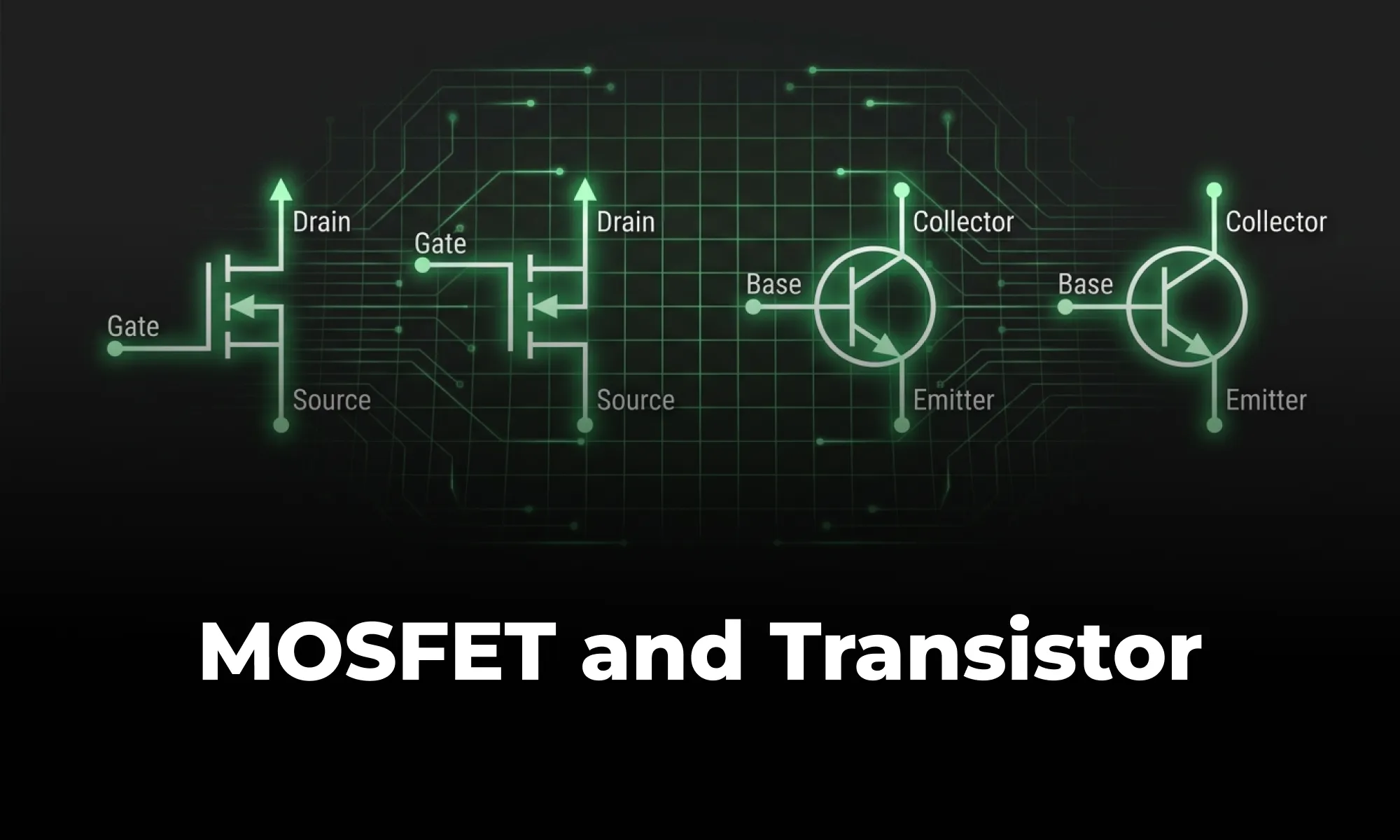 Annotated schematic symbols for MOSFETs and bipolar transistors, including NMOS, PMOS, NPN, and PNP devices.