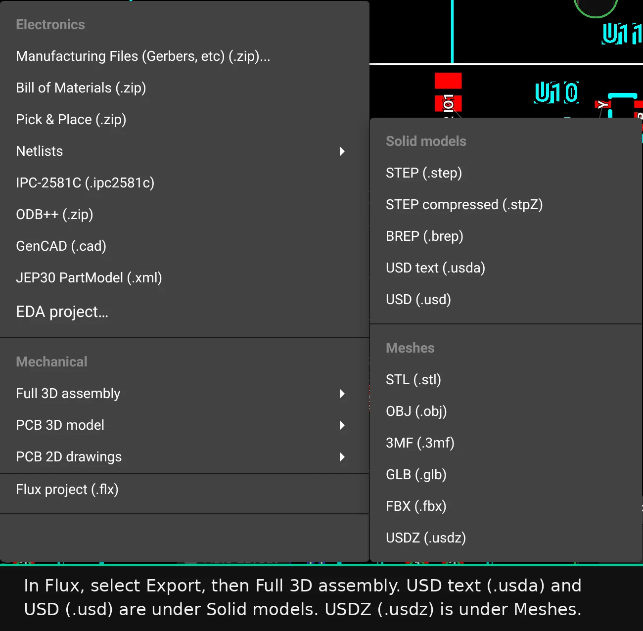 The Flux Export menu, Full 3D assembly, with USD text (.usda), USD (.usd), and USDZ (.usdz)