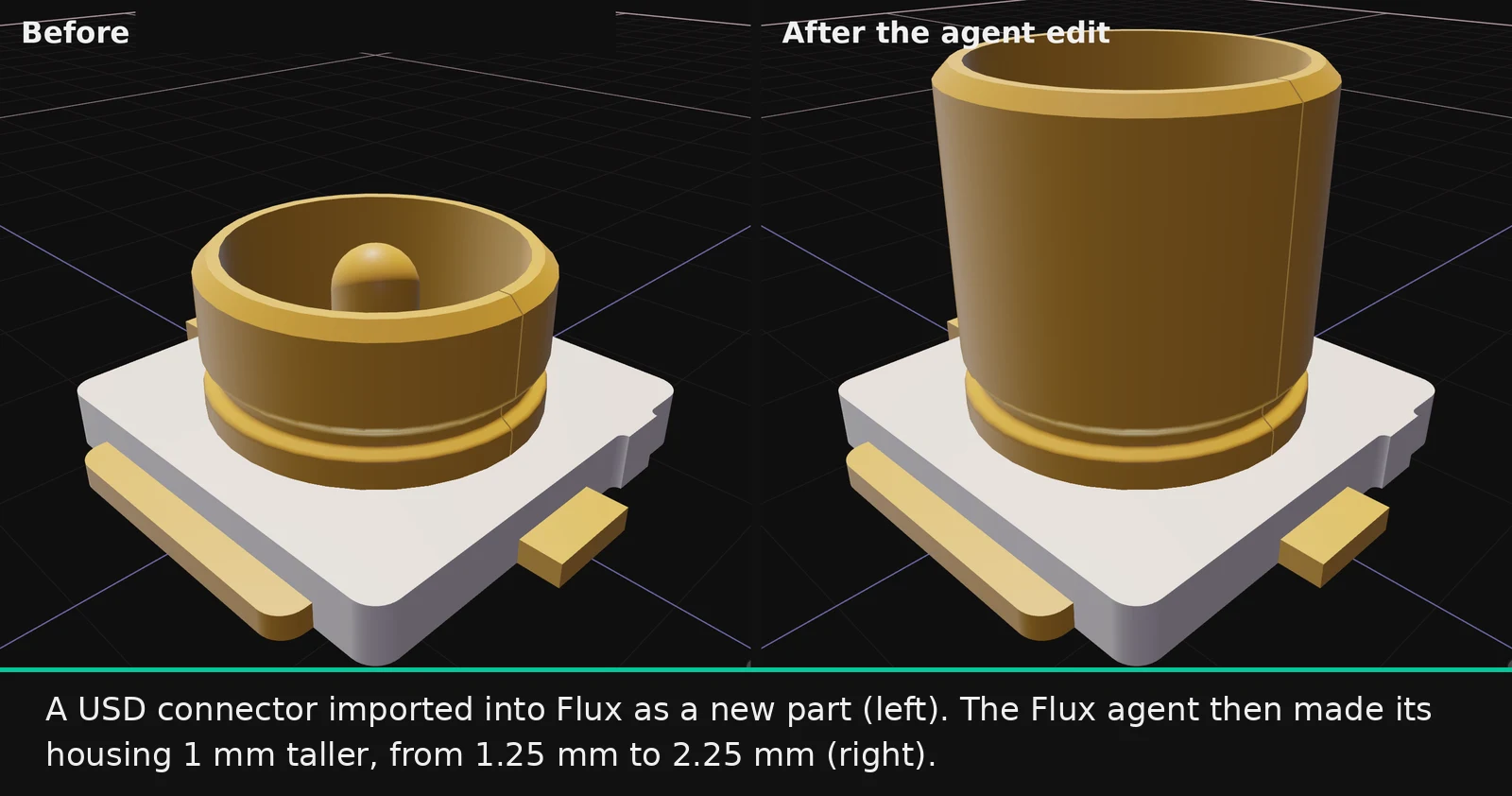An imported USD connector in the Flux 3D View, before and after an edit by the Flux agent