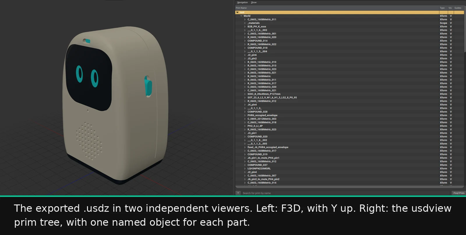 The exported Mini Muse .usdz in F3D and in usdview, with one named object for each part