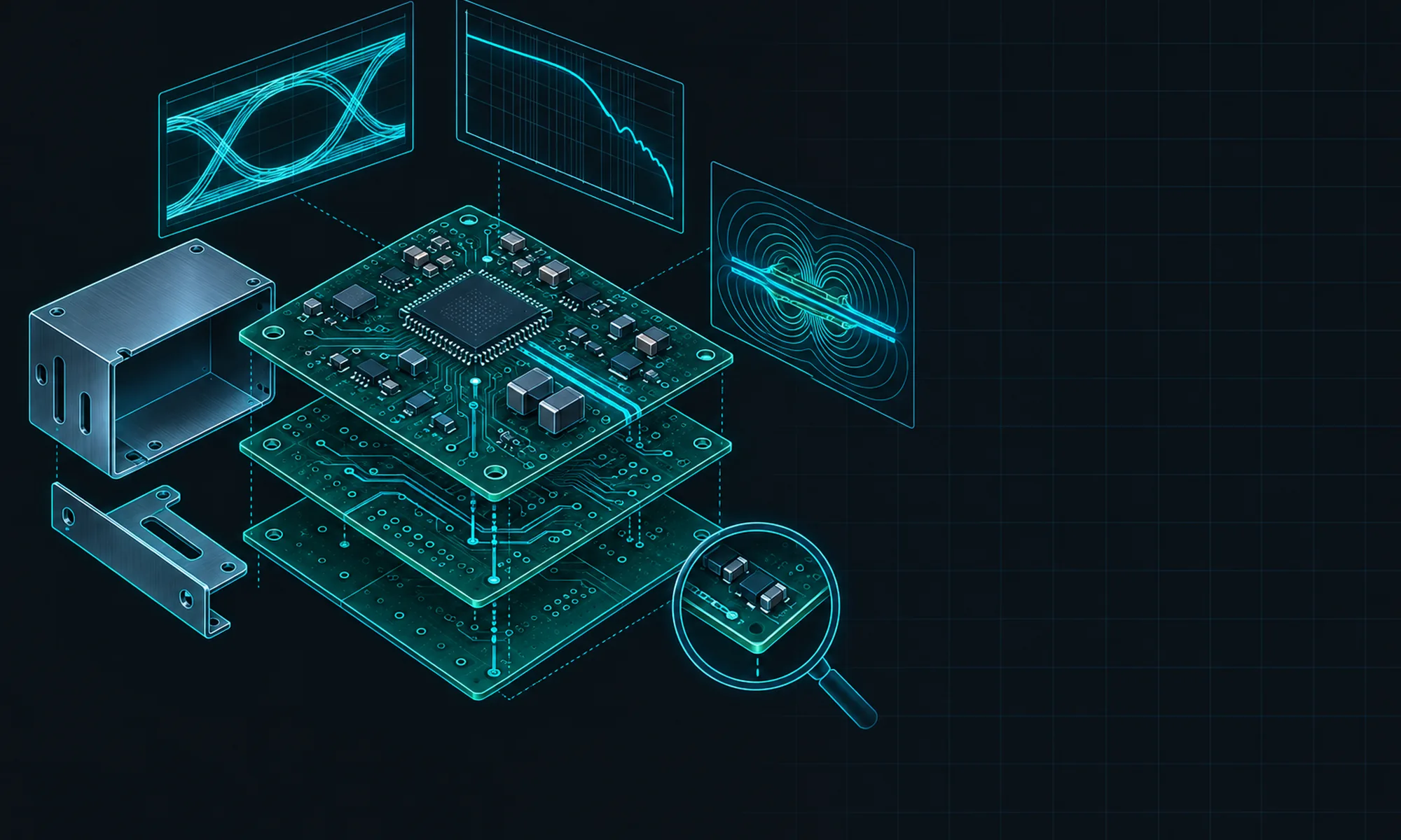 Technical isometric illustration in glowing teal on charcoal, showing an exploded multilayer circuit board beside an enclosure and a bracket, with an eye diagram, a frequency response, a field map, and a magnifying lens around it