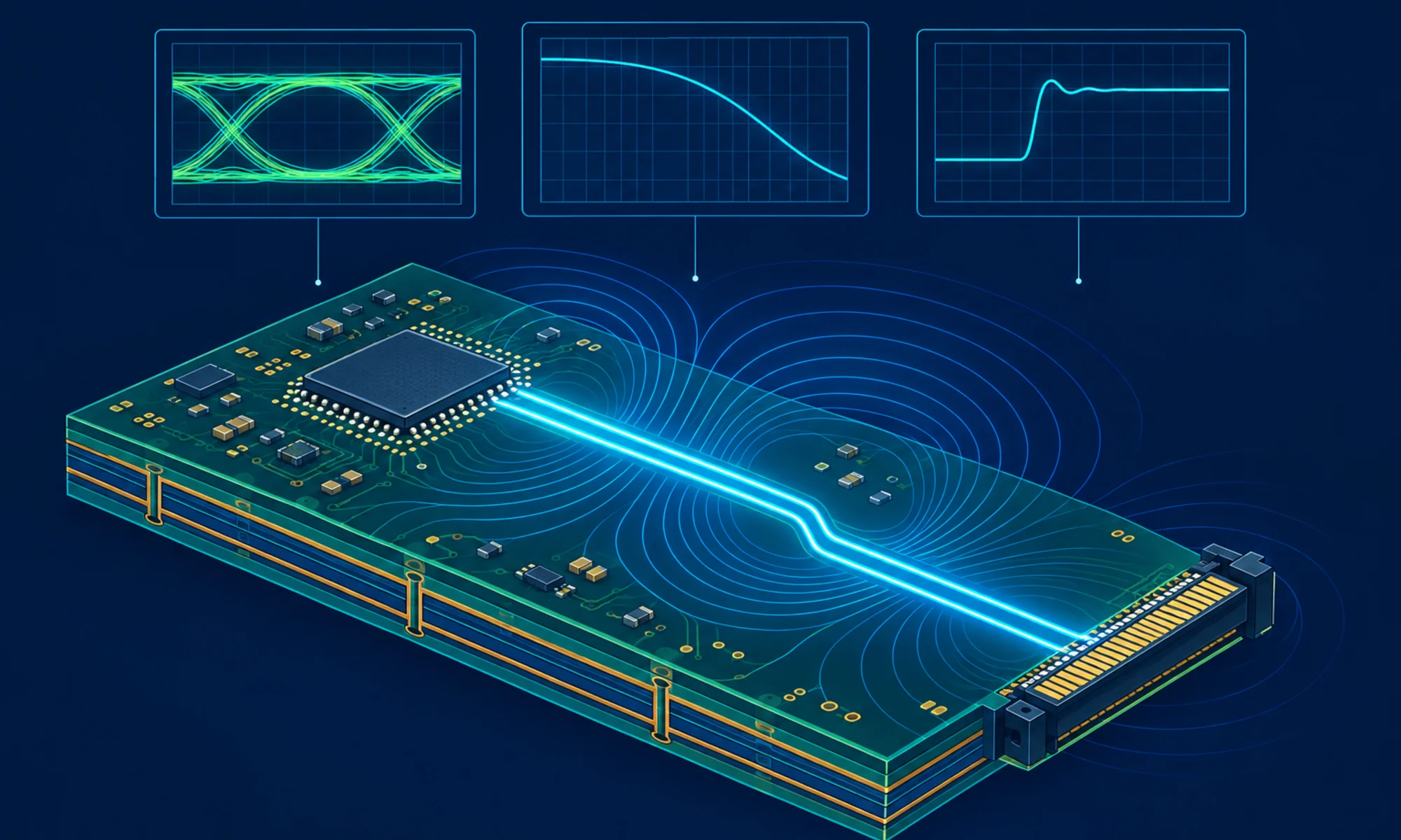 Illustration of a circuit board and signal integrity analysis
