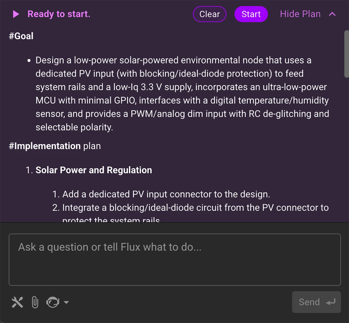 flux generated plan for a project, waiting for the engineer to start and implement the plans