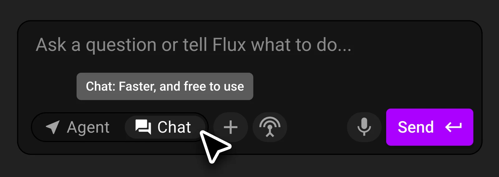 The Flux composer with the Agent and Chat mode selector, showing the Chat tooltip: Faster, and free to use.