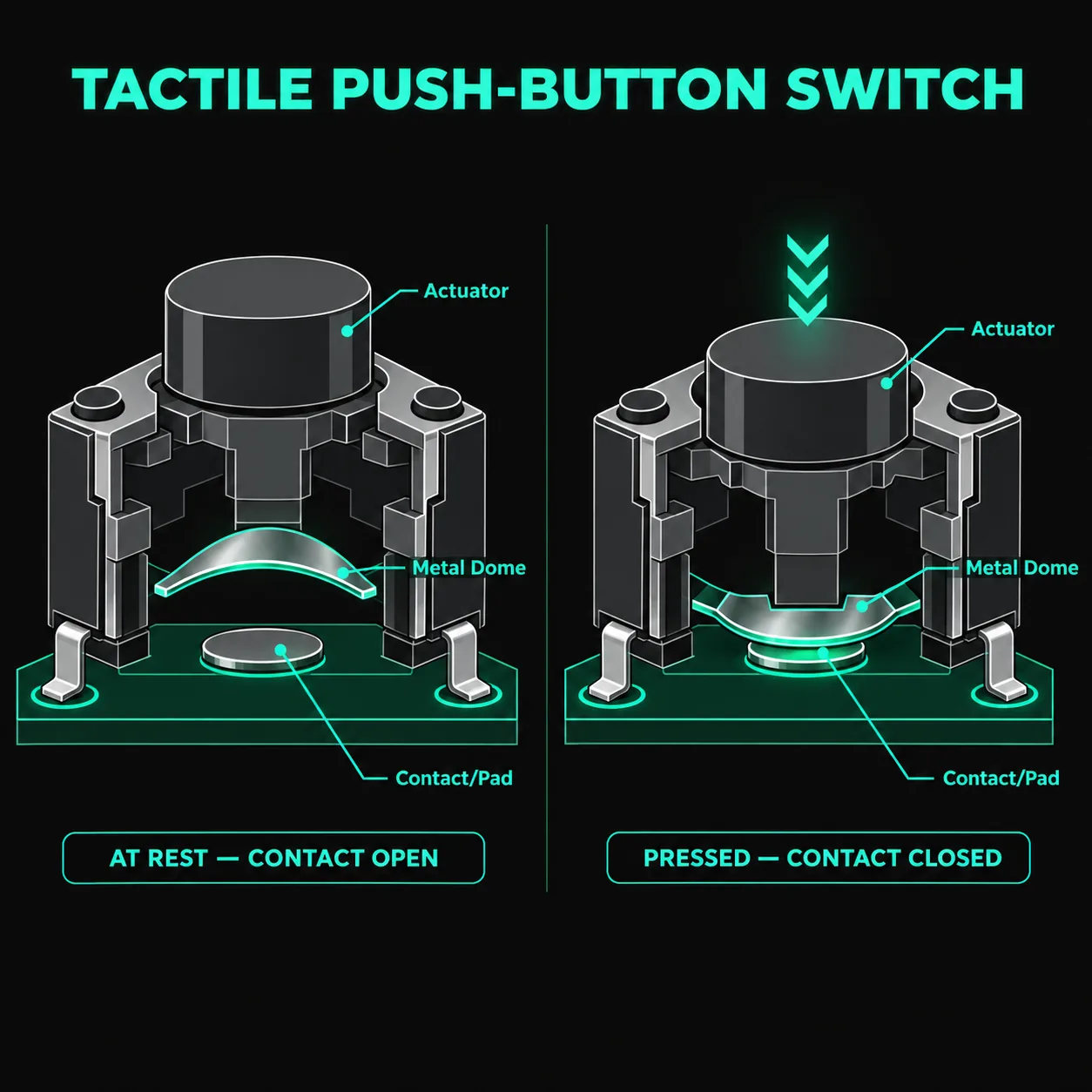 A tactile switch closes a normally open contact while its dome is pressed.