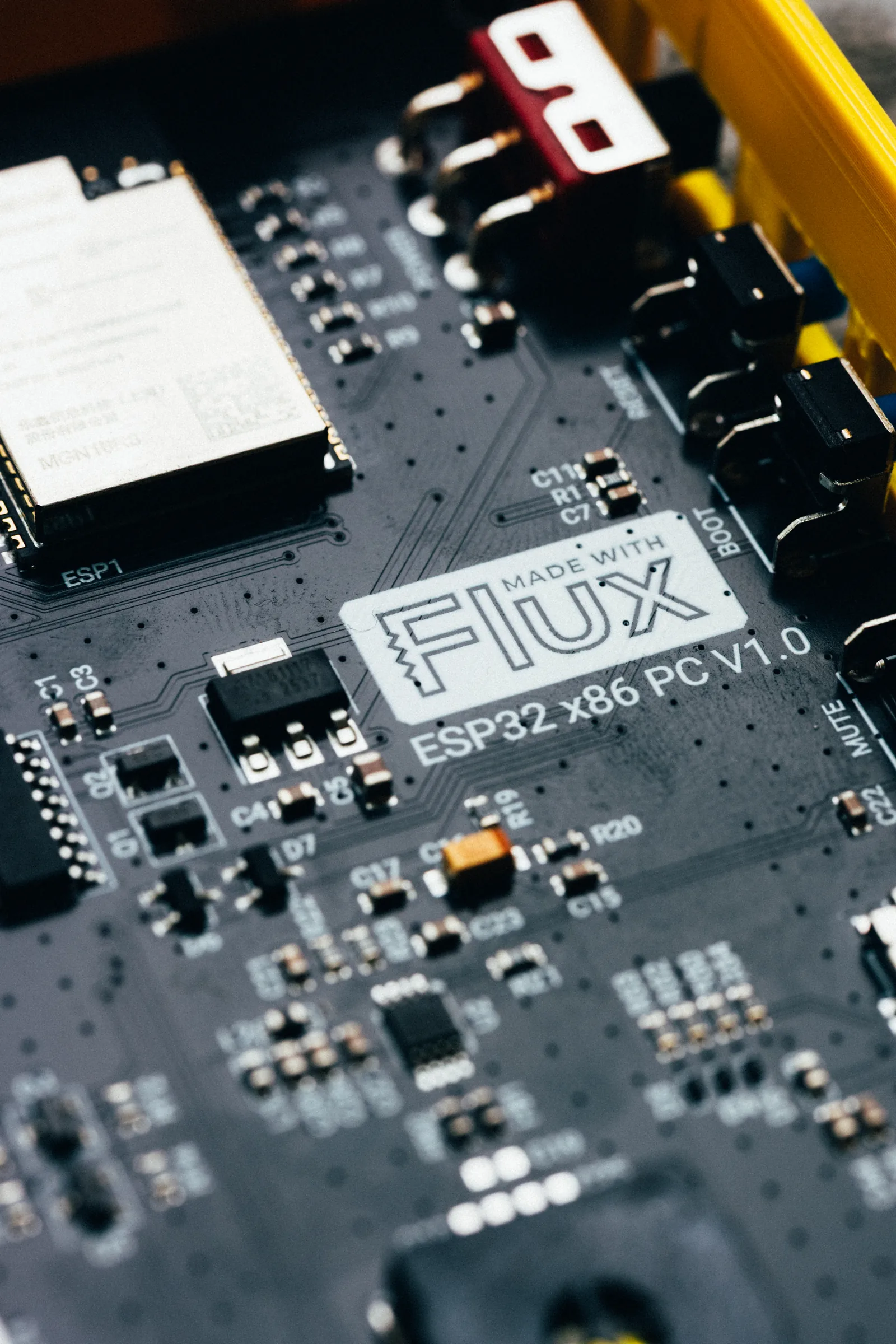Close-up of the ESP32 x86 PC board, marked Made with Flux