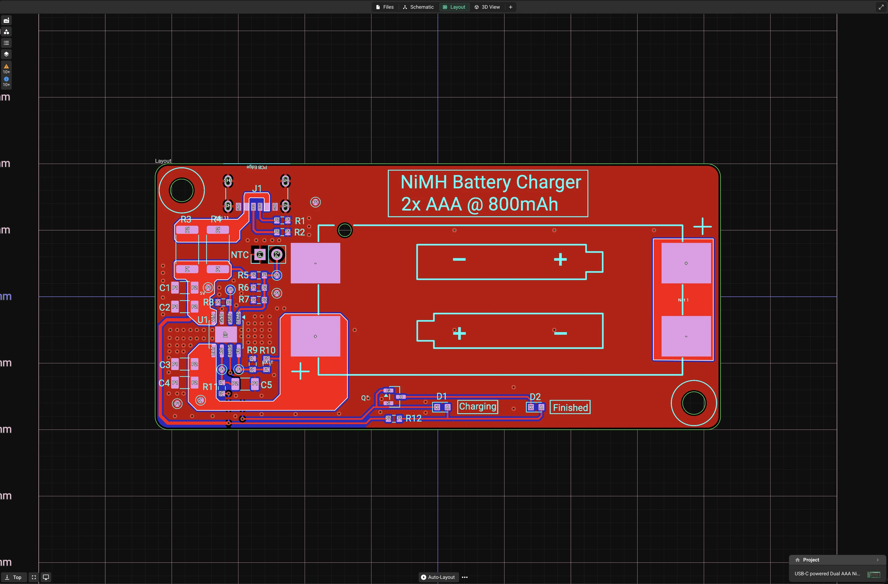 Battery charger PCB layout with part footprints in Flux.