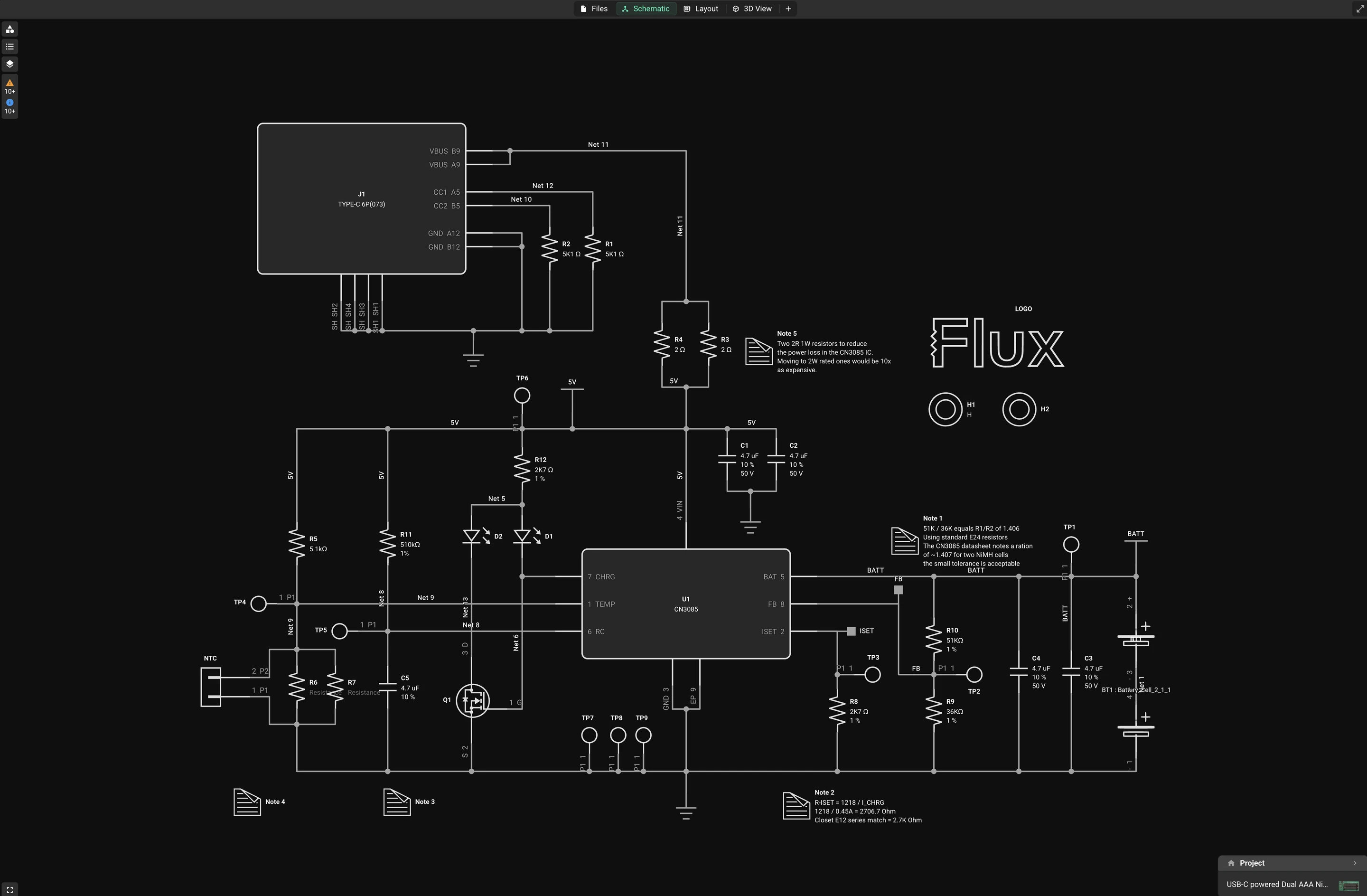 Battery charger schematic in the Flux editor.
