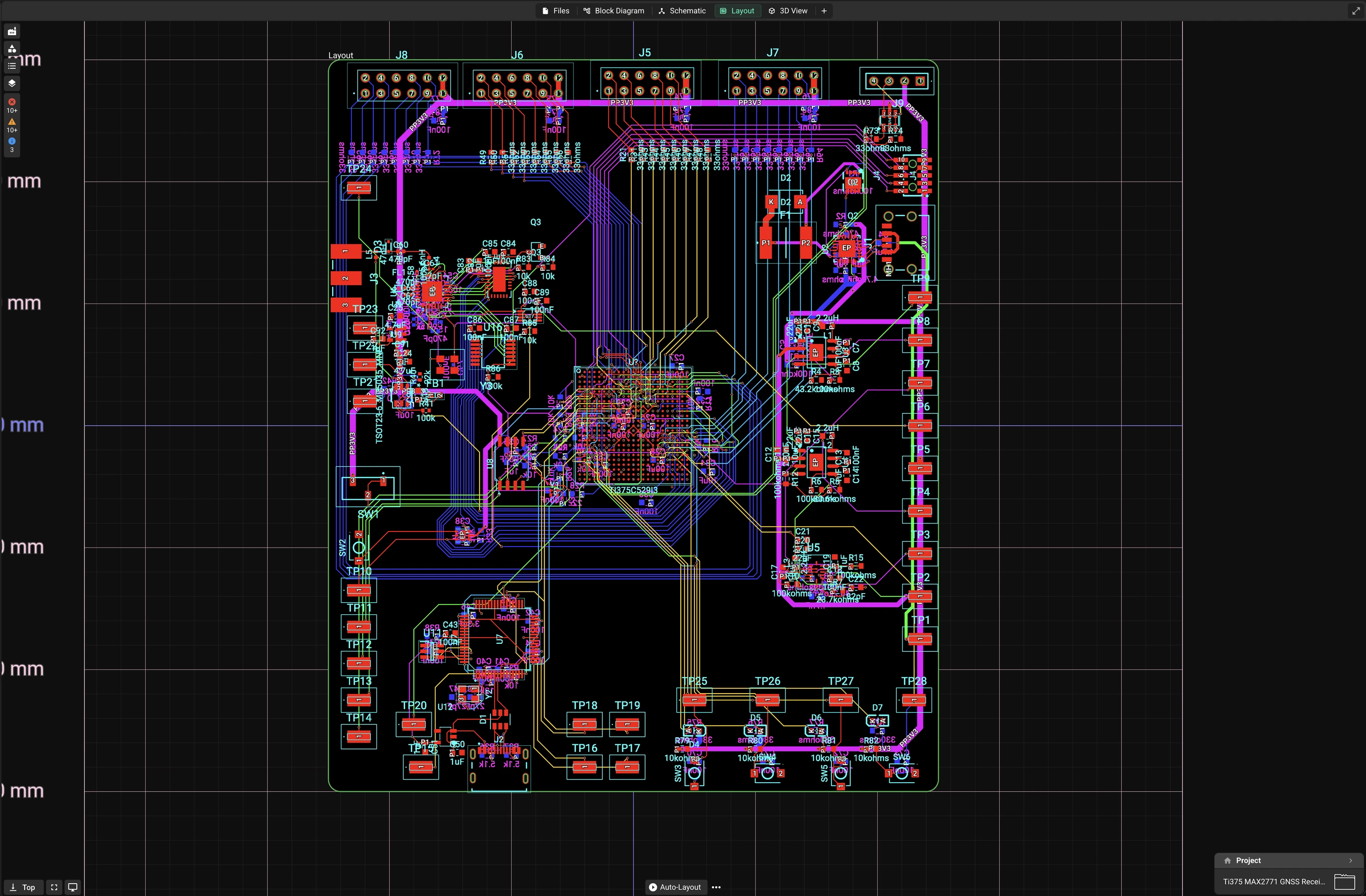 Board layout of a GNSS receiver with an FPGA in a BGA package and dense fan-out routing, in Flux