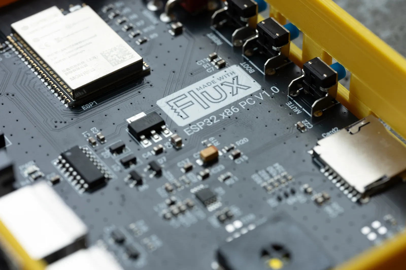Close-up of a Flux-designed printed circuit board