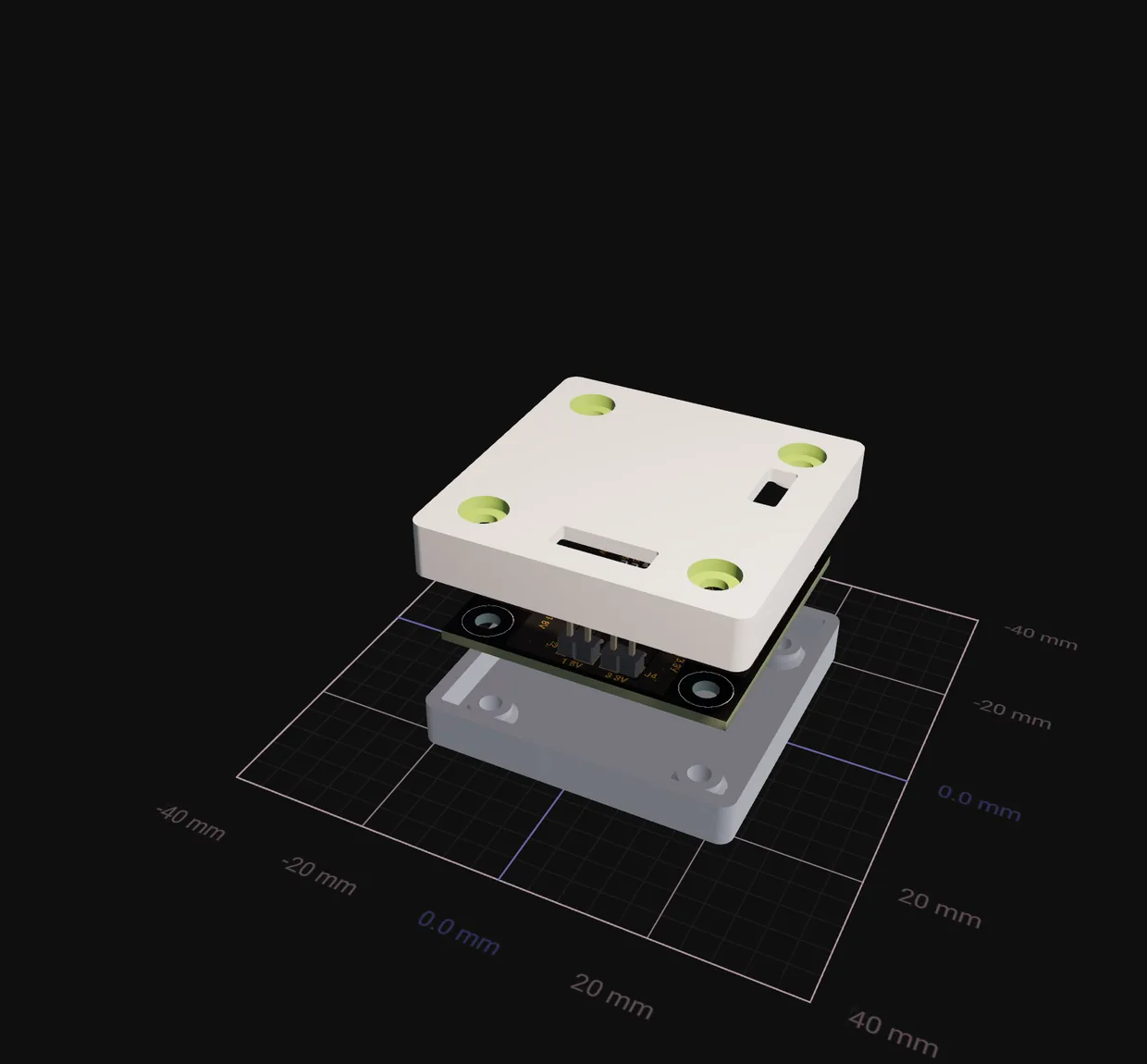 NF Dual Output Buck board between its two enclosure halves in the Flux 3D view