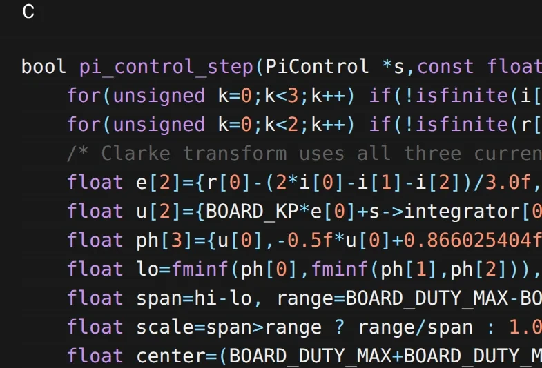 STM32 current-loop firmware that Flux wrote and compiled, in a syntax-highlighted code block