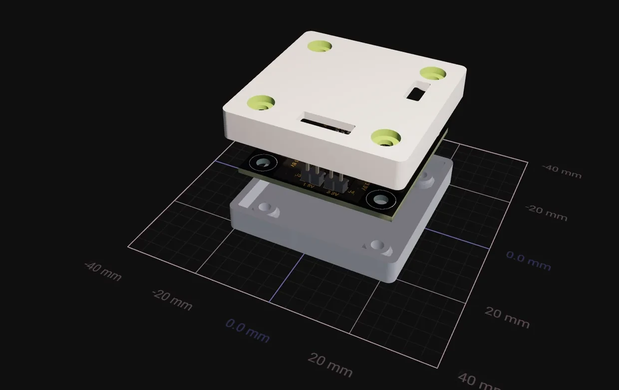 NF Dual Output Buck board between its two enclosure halves in the Flux 3D view