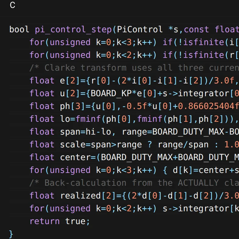 STM32 current-loop firmware that Flux wrote and compiled, in a syntax-highlighted code block