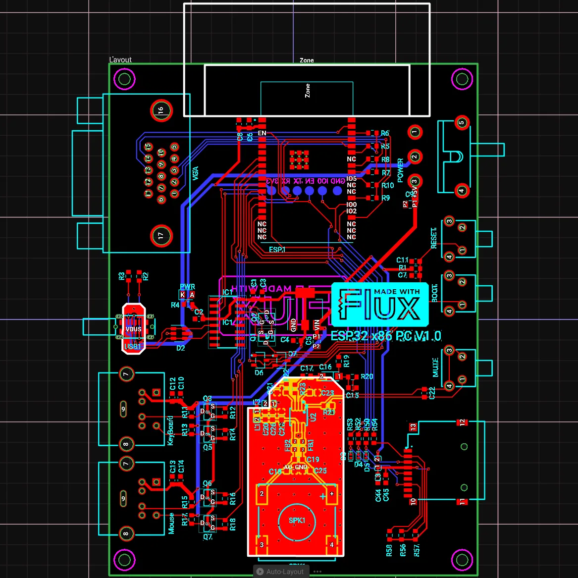 Routed board layout of the ESP32 x86 PC in Flux