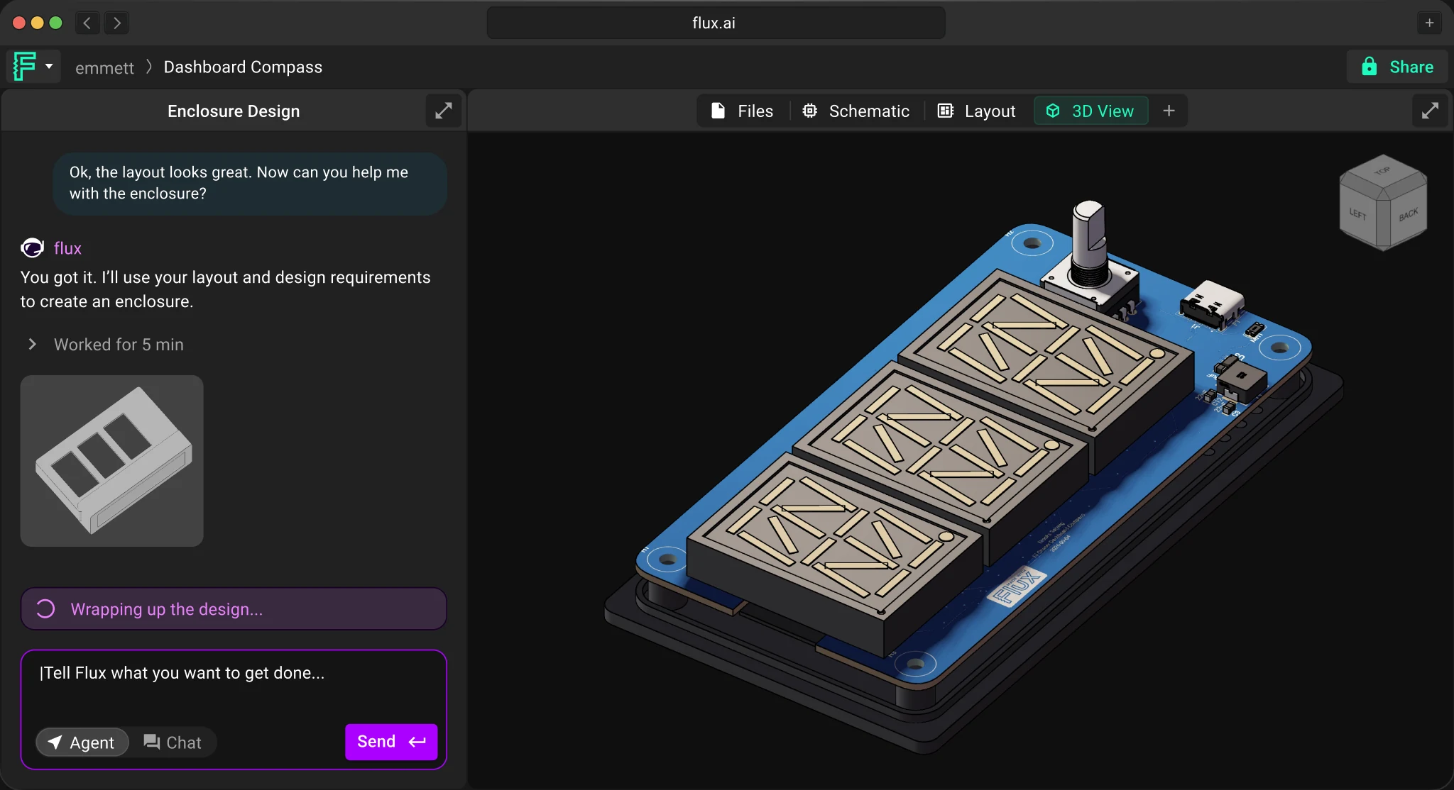 Flux workspace showing the Dashboard Compass project with agent chat and 3D view