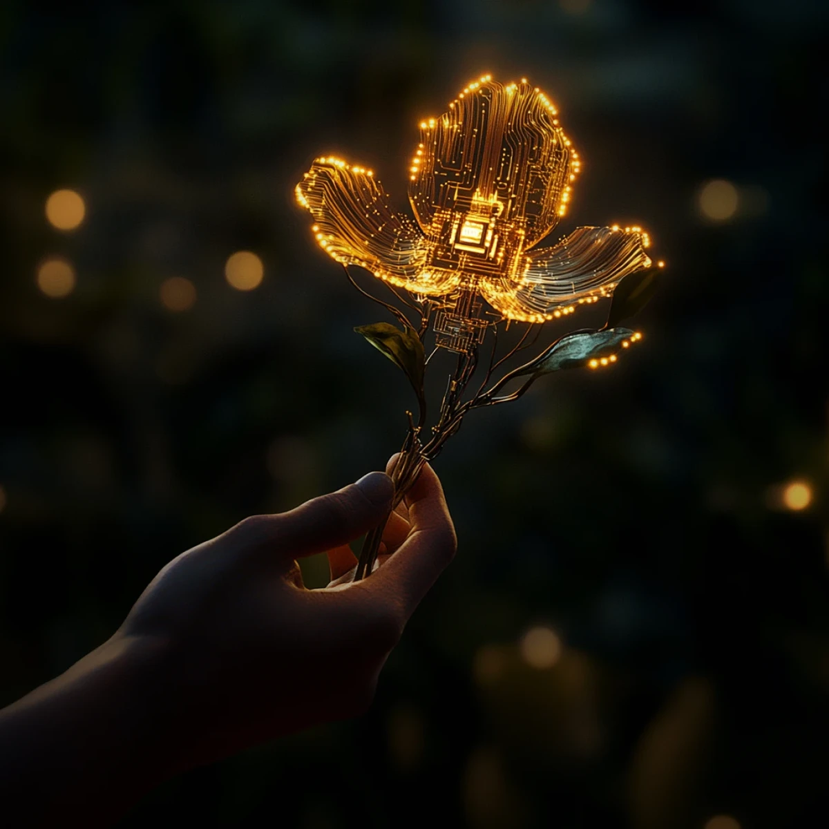 A pcb flower made up of pcb circuits, pcb traces and luminous led light.